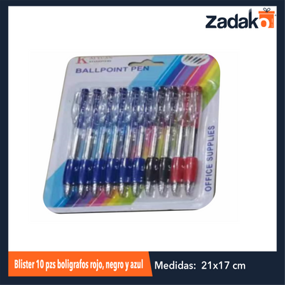 ZP-1143 BLISTER 10 PZS BOLIGRAFOS ROJO, NEGRO Y AZUL, CON 1 PZ O CAJA CON 288 PZS