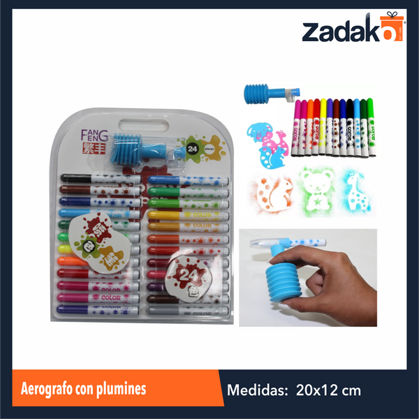HFY-9458  ZP-1241 AEROGRAFO CON PLUMINES 24 COLORES, CON 1 PZ O CAJA CON 44 PZS
